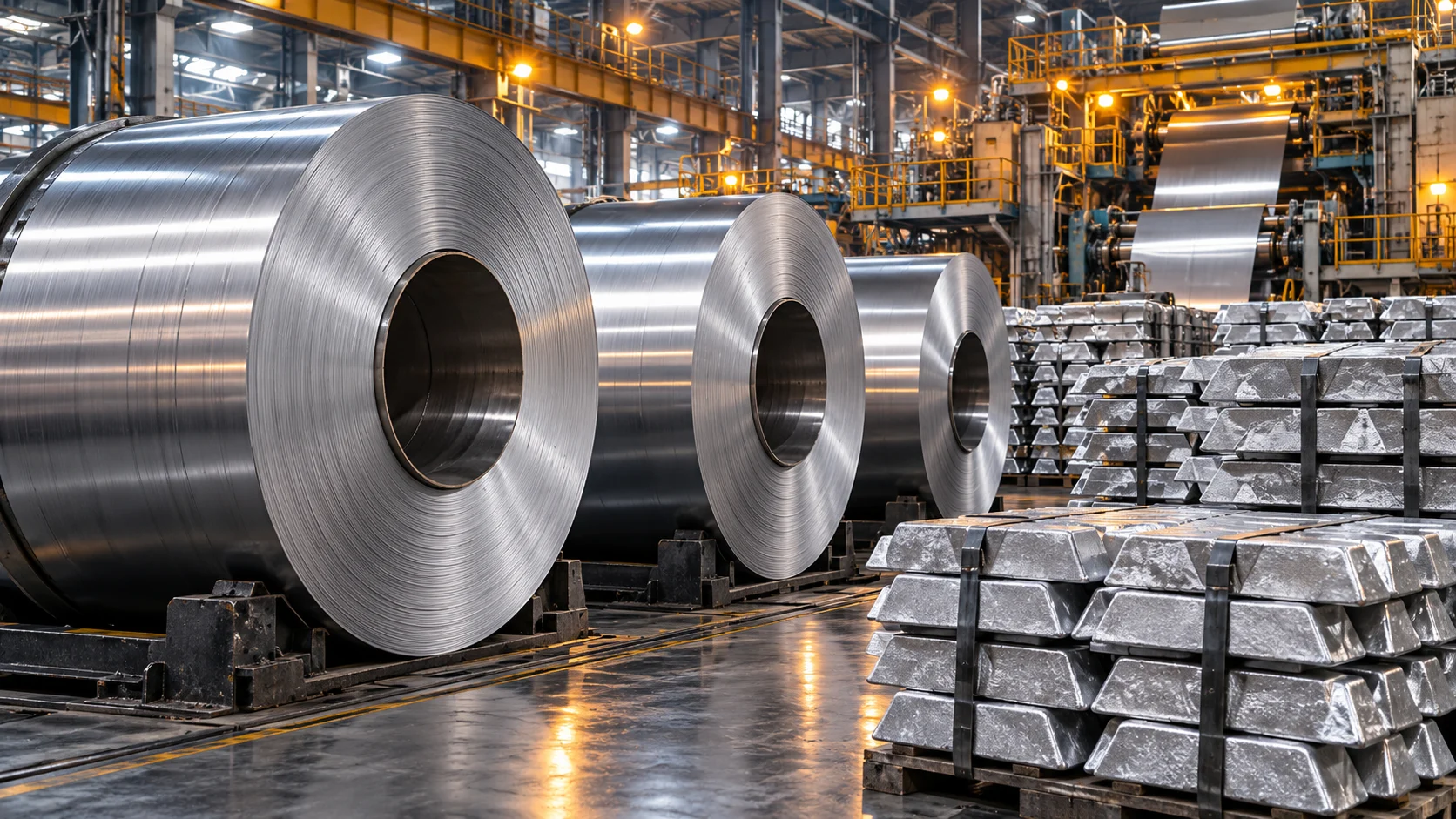 Rotoli e lingotti di alluminio in un impianto industriale