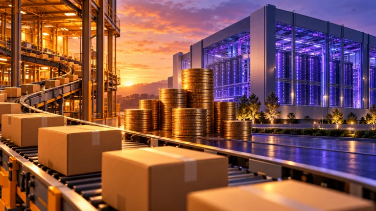 Illustrazione di pacchi su un nastro logistico, monete e un data center illuminato