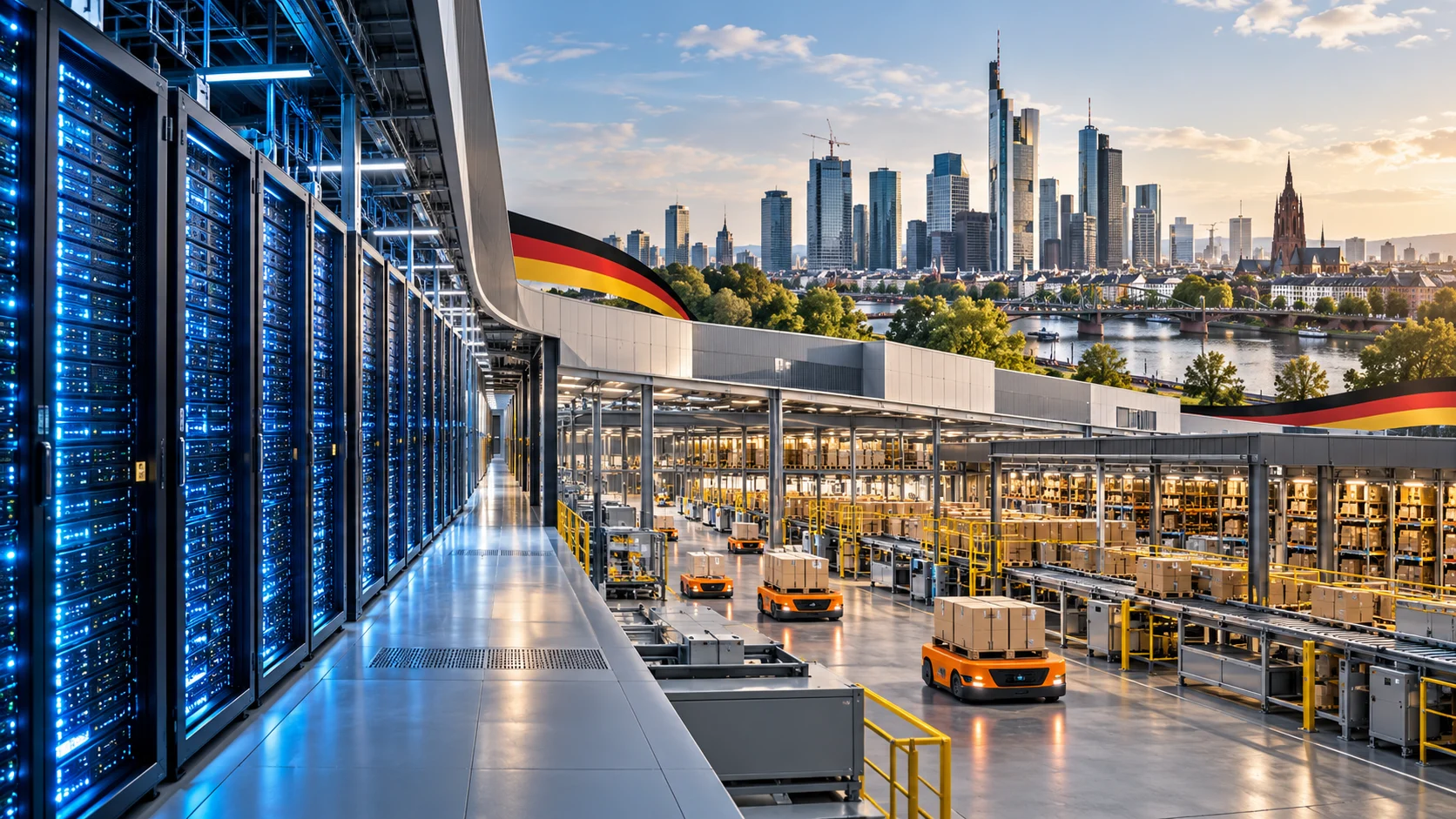 Illustrazione di server cloud, magazzino robotizzato e skyline di Francoforte per gli investimenti Amazon in Germania