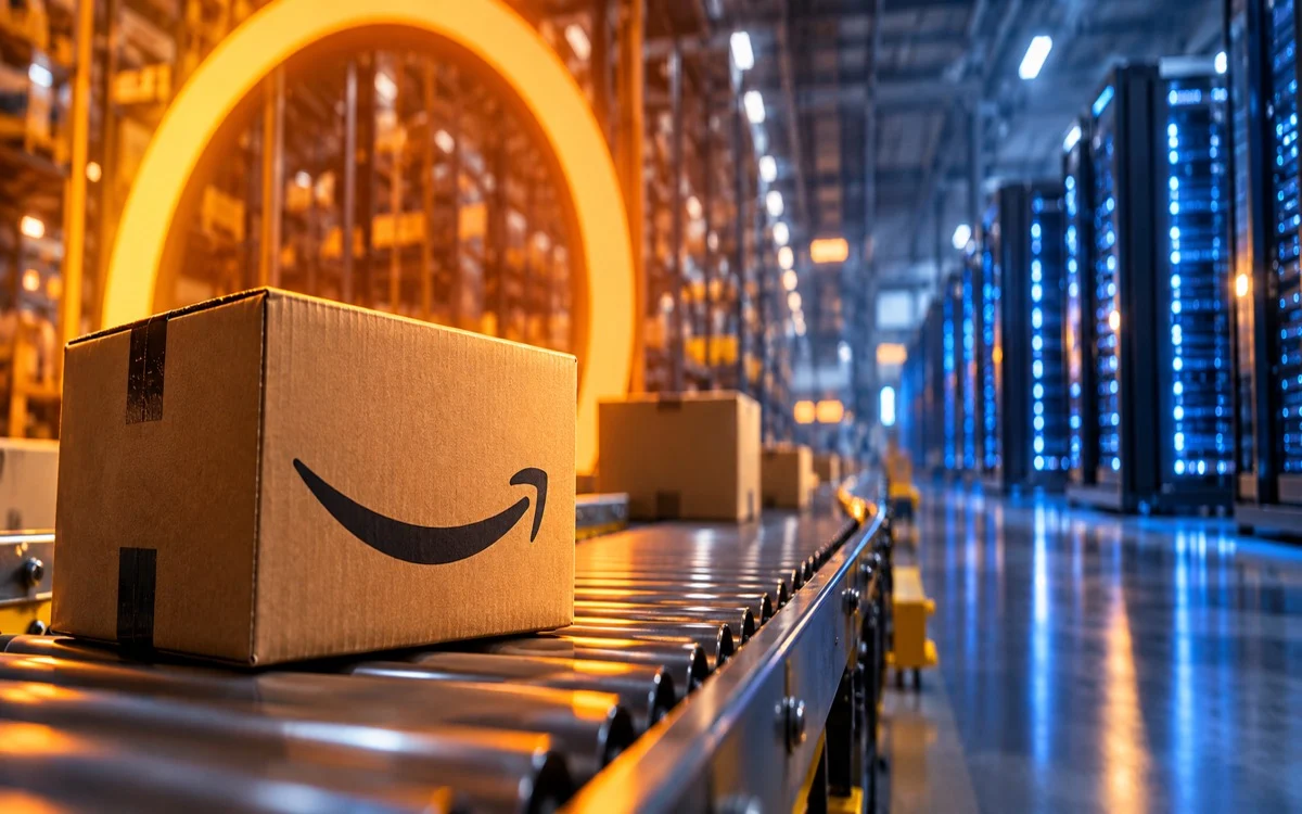 Pacco Amazon su un nastro logistico con luci arancioni e server sullo sfondo.