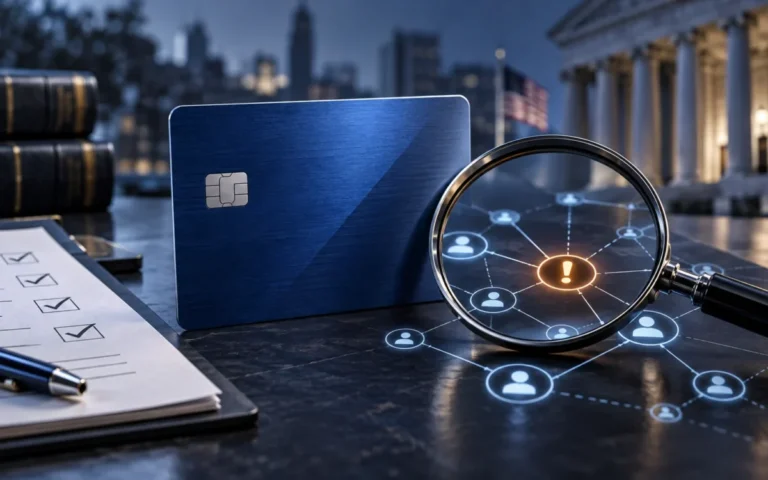 Carta di pagamento blu e lente su una rete di transazioni con segnale di attenzione