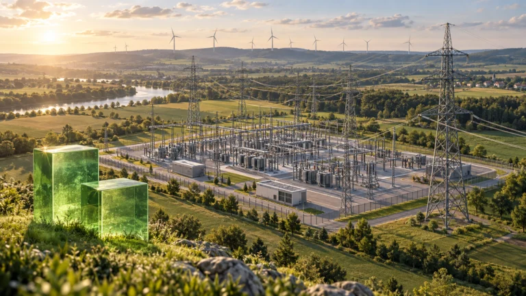 Illustrazione generata con IA: sottostazione e tralicci elettrici con turbine eoliche e simboli del finanziamento verde.