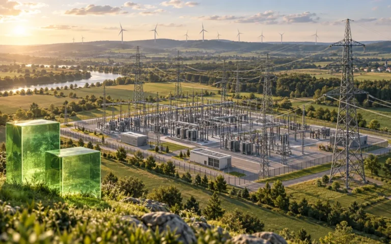 Illustrazione generata con IA: sottostazione e tralicci elettrici con turbine eoliche e simboli del finanziamento verde.