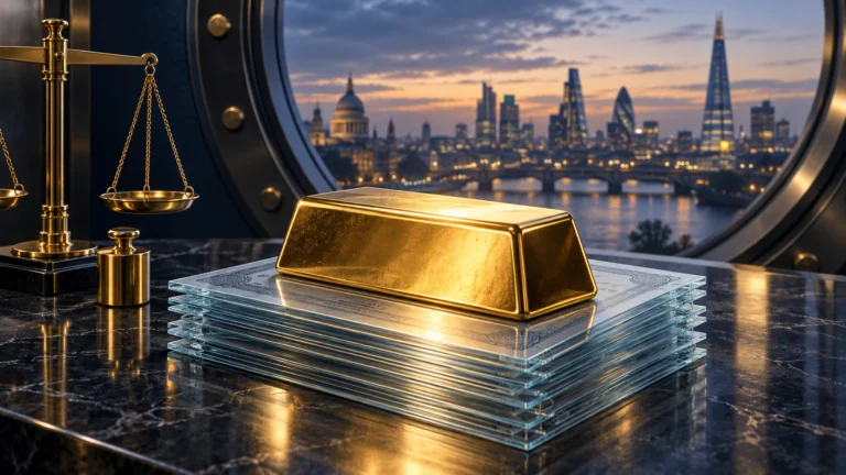Illustrazione generata con IA: un lingotto d’oro su lastre di vetro simboliche, accanto a una bilancia e al profilo di Londra.