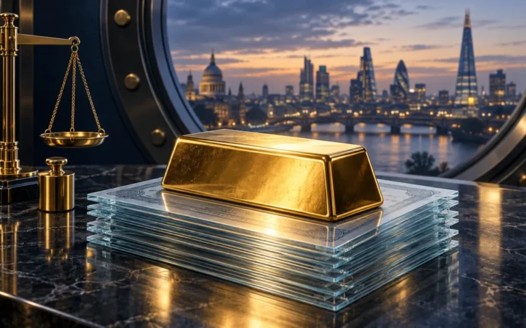 Illustrazione generata con IA: un lingotto d’oro su lastre di vetro simboliche, accanto a una bilancia e al profilo di Londra.