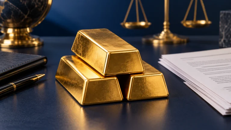 Lingotti d’oro accanto a documenti finanziari su un tavolo blu scuro