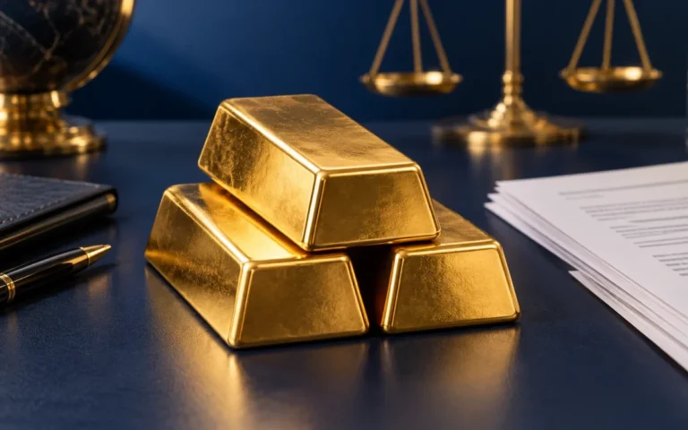 Lingotti d’oro accanto a documenti finanziari su un tavolo blu scuro