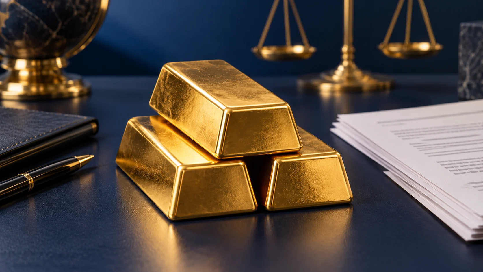 Lingotti d’oro accanto a documenti finanziari su un tavolo blu scuro