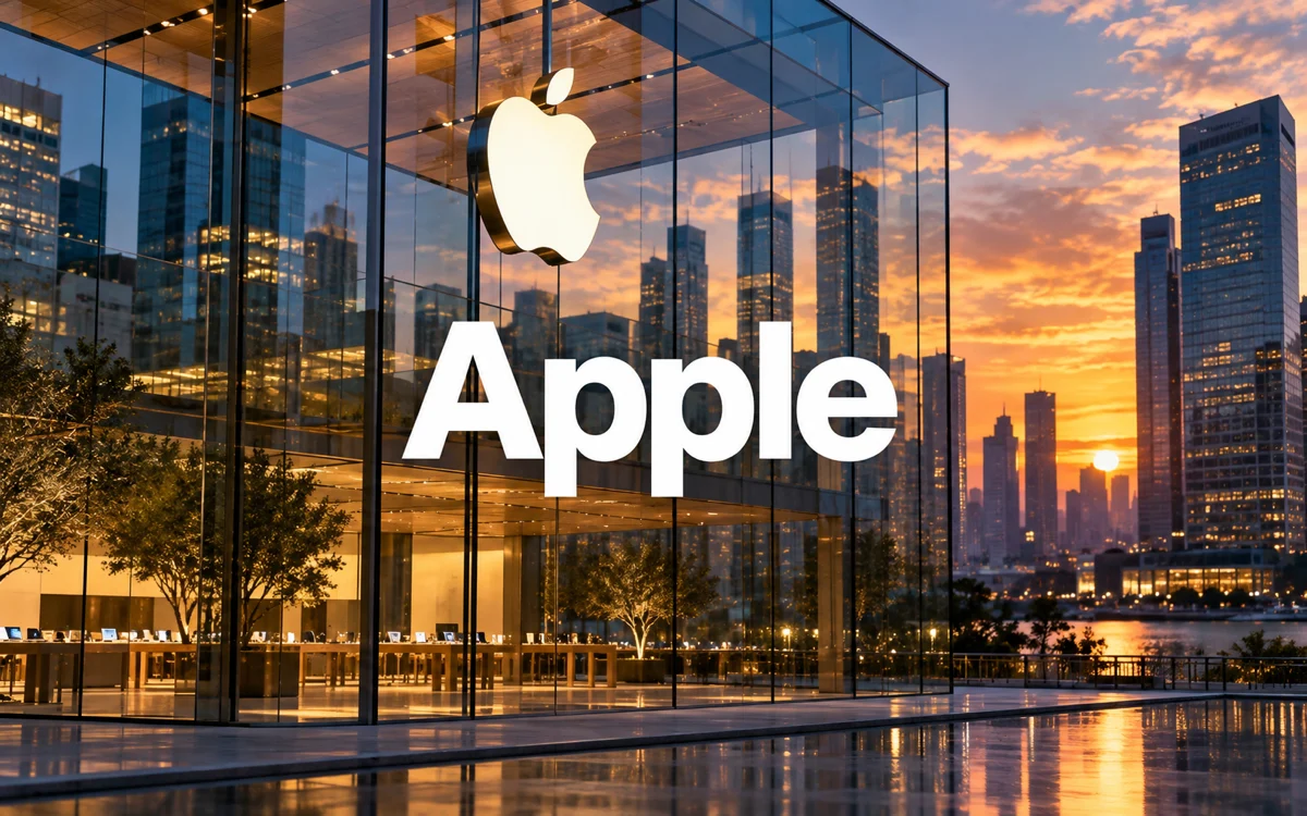 Facciata vetrata con logo e scritta Apple al tramonto, per l’analisi della chiusura settimanale del titolo