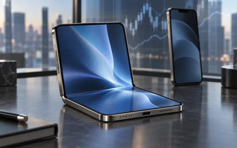 Illustrazione generata con IA: smartphone pieghevole premium su una scrivania, con un dispositivo tradizionale sullo sfondo.
