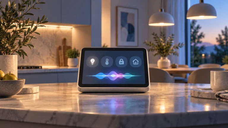 Illustrazione concettuale di uno schermo domestico con comandi per la casa connessa e assistente vocale.