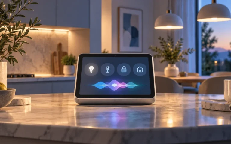 Illustrazione concettuale di uno schermo domestico con comandi per la casa connessa e assistente vocale.