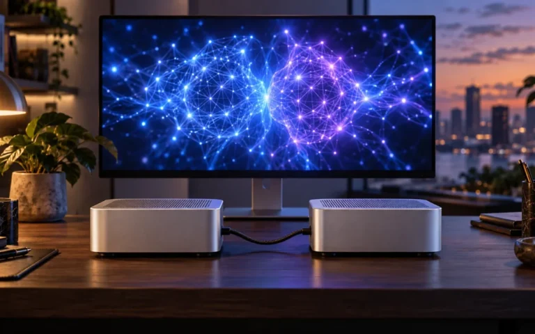 Due computer desktop argentati collegati davanti a uno schermo con una rete neurale luminosa