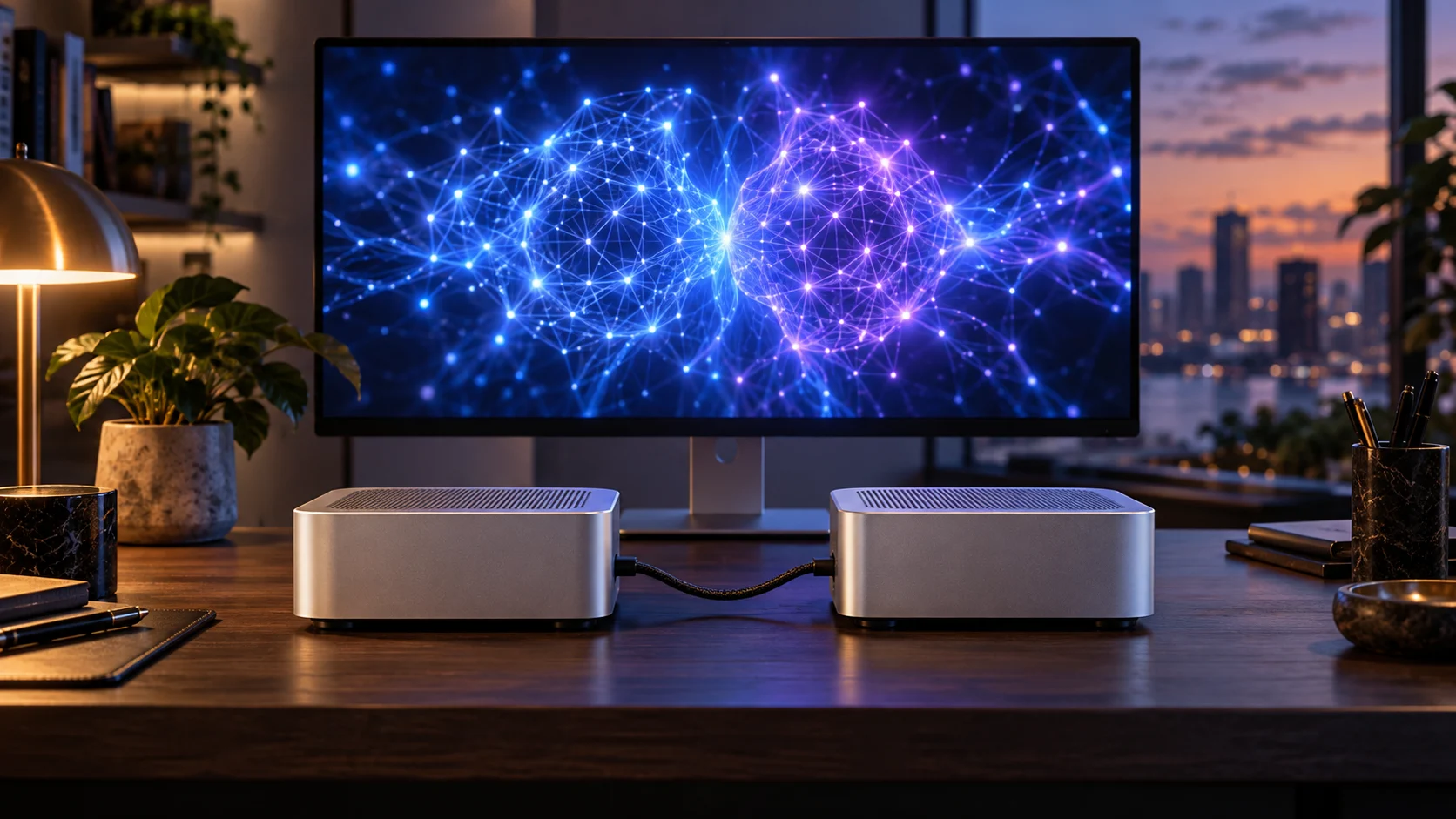 Due computer desktop argentati collegati davanti a uno schermo con una rete neurale luminosa