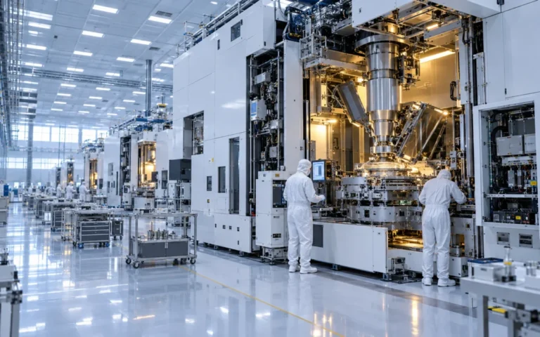 Illustrazione di una sala pulita con un grande macchinario per la produzione di semiconduttori e tecnici al lavoro