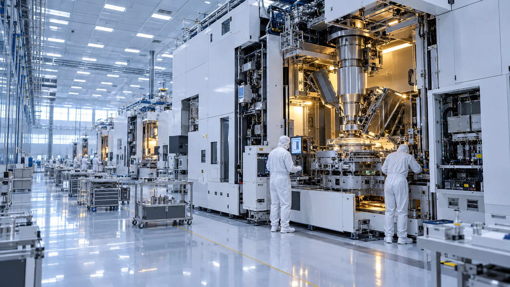 Illustrazione di una sala pulita con un grande macchinario per la produzione di semiconduttori e tecnici al lavoro