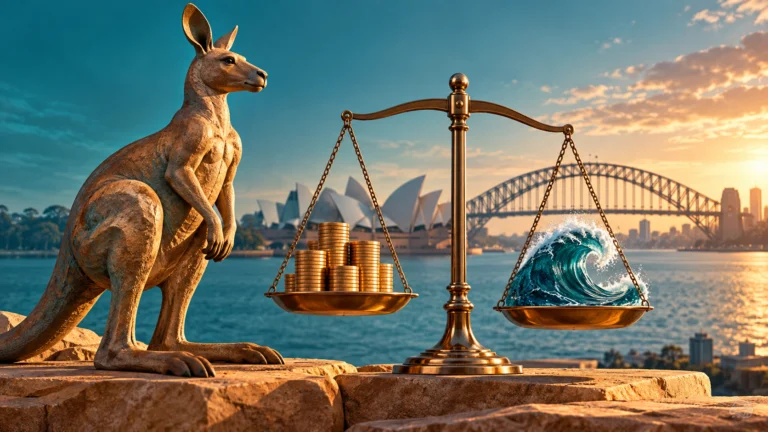 Canguro stilizzato e bilancia con monete e onda simbolica del rischio valutario, sullo sfondo il porto di Sydney