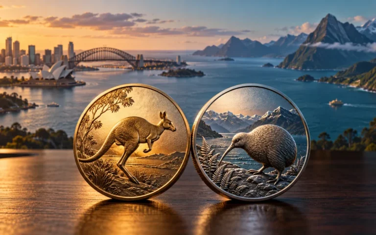 Due medaglioni con canguro e kiwi davanti a un paesaggio che richiama Australia e Nuova Zelanda.