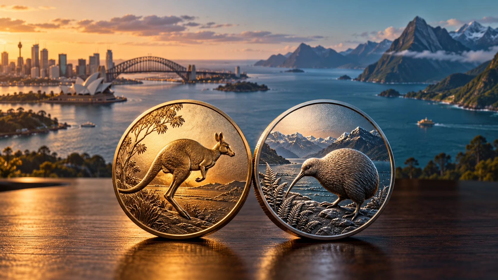 Due medaglioni con canguro e kiwi davanti a un paesaggio che richiama Australia e Nuova Zelanda.