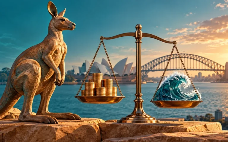 Canguro stilizzato e bilancia con monete e onda simbolica del rischio valutario, sullo sfondo il porto di Sydney