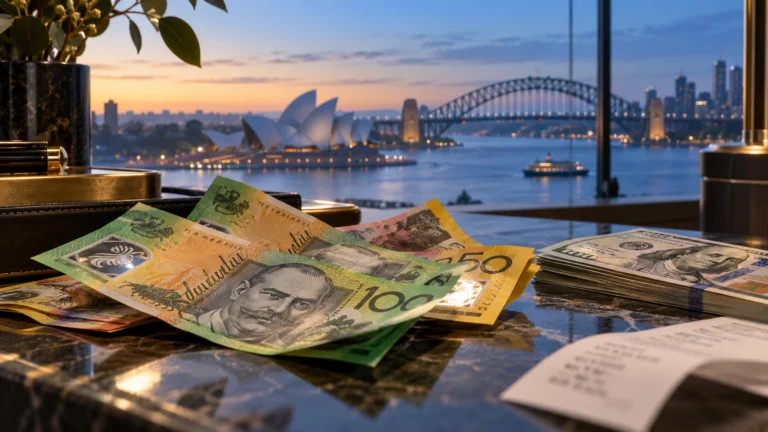 Banconote australiane e statunitensi su un banco di cambio, con il porto di Sydney sullo sfondo.