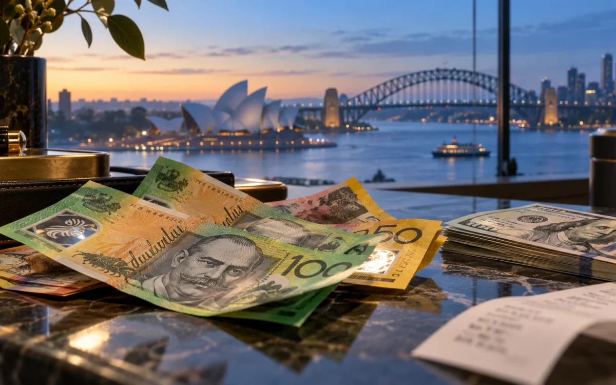Banconote australiane e statunitensi su un banco di cambio, con il porto di Sydney sullo sfondo.