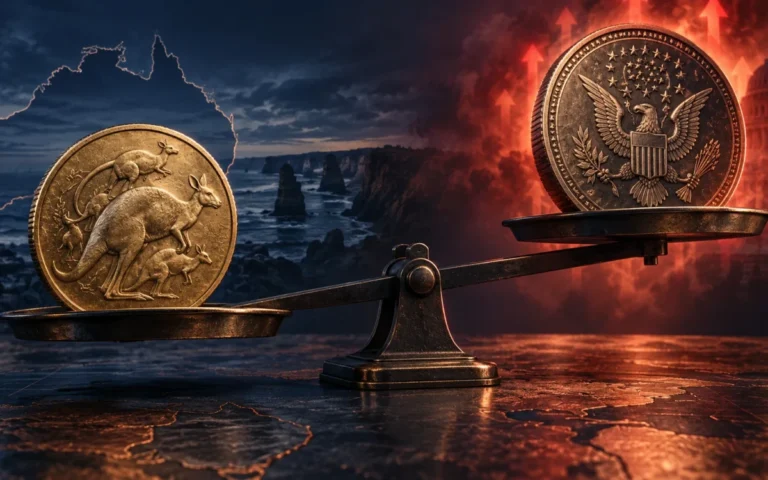 Monete simboliche del dollaro australiano e statunitense su una bilancia, con Australia e bagliore rosso sullo sfondo