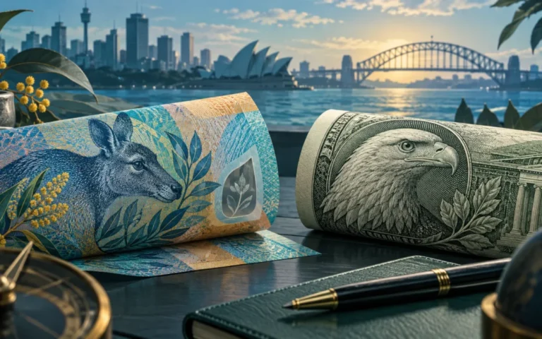 Illustrazione di banconote simboliche australiane e statunitensi con il porto di Sydney sullo sfondo.