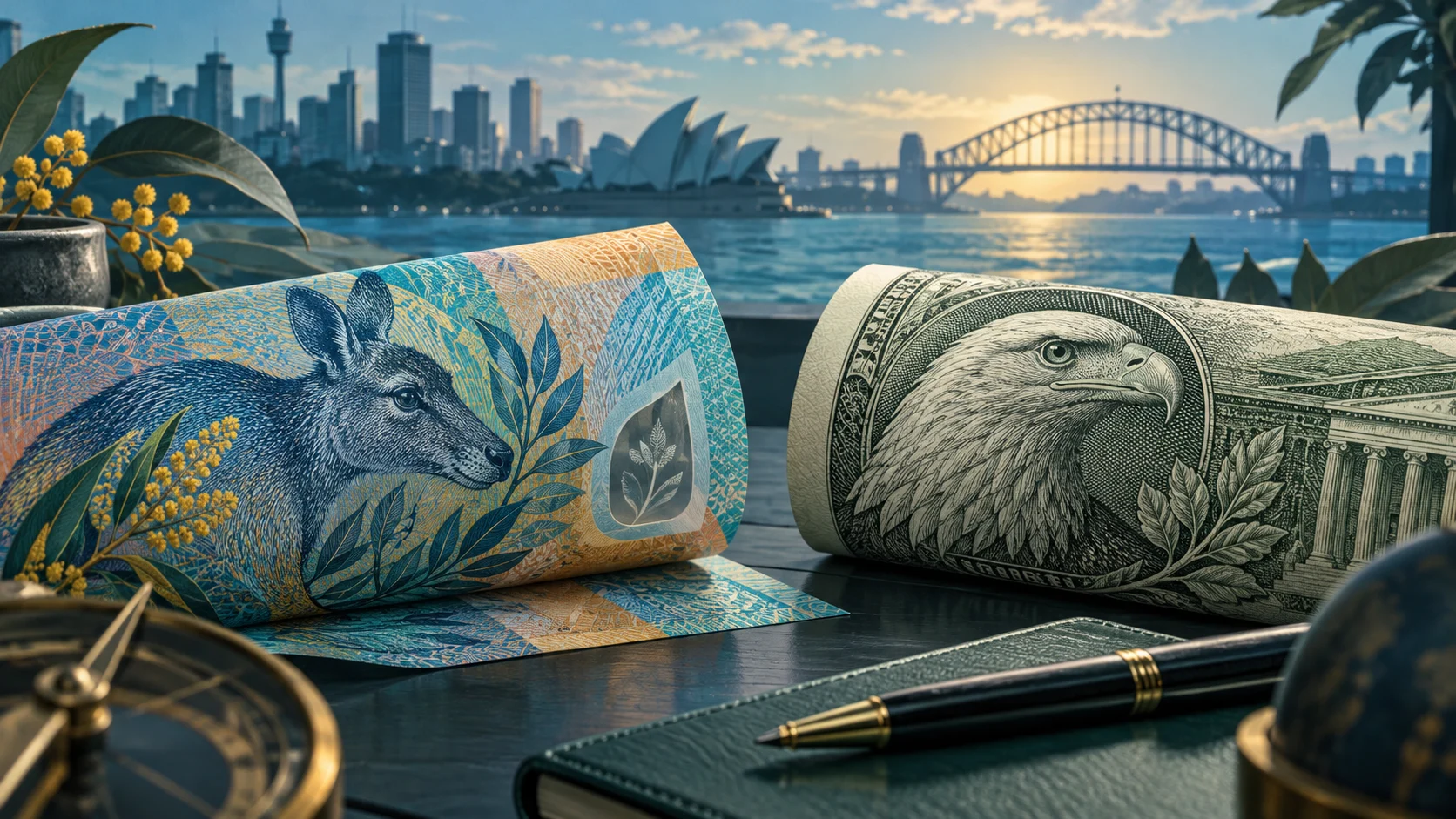 Illustrazione di banconote simboliche australiane e statunitensi con il porto di Sydney sullo sfondo.