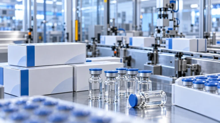Medicinali e linea di confezionamento farmaceutica, rappresentazione delle attività industriali di AbbVie.