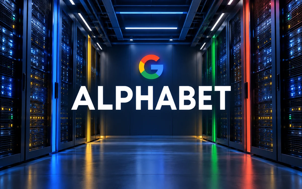 Corridoio di server con logo Google e scritta Alphabet, illustrazione del cloud e degli investimenti nell’AI