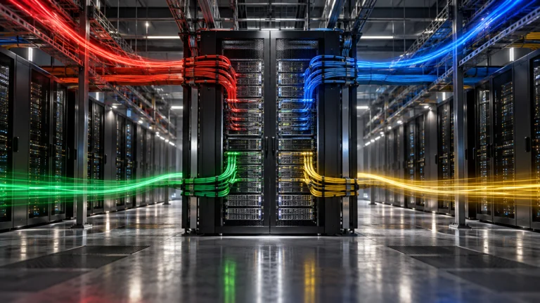 Server di un data center con flussi luminosi multicolore che convergono nella stessa infrastruttura