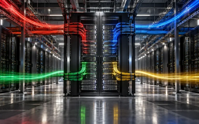 Server di un data center con flussi luminosi multicolore che convergono nella stessa infrastruttura