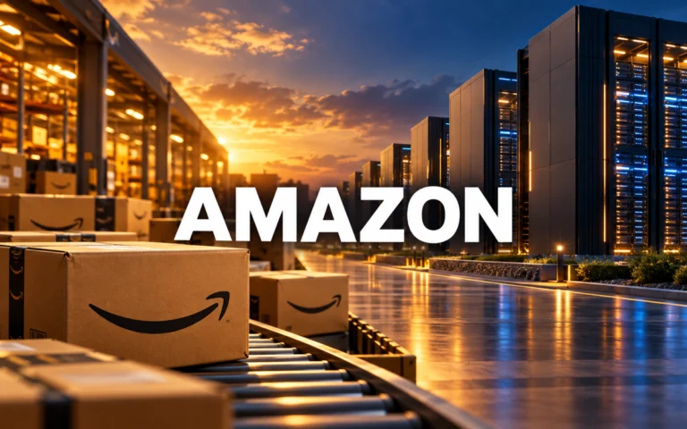 Pacchi Amazon e server cloud con scritta Amazon, rappresentazione delle attività commerciali e di AWS
