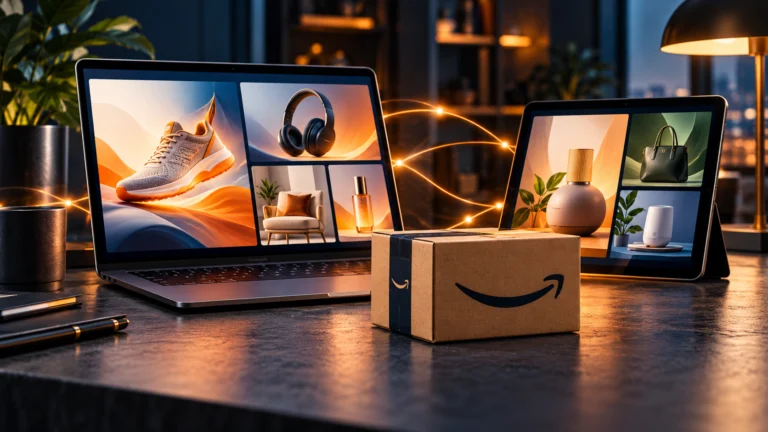 Pacco Amazon davanti a computer e tablet con creatività pubblicitarie collegate da scie luminose