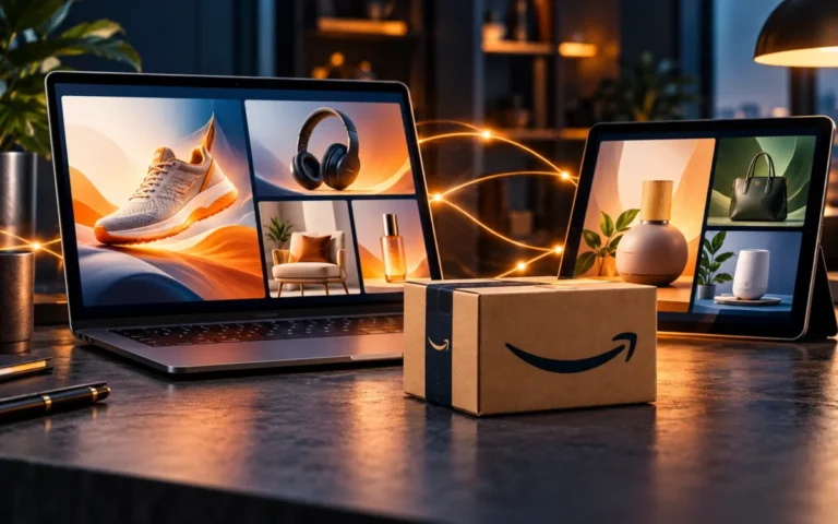 Pacco Amazon davanti a computer e tablet con creatività pubblicitarie collegate da scie luminose
