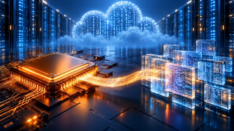 Processore arancione collegato a moduli software luminosi davanti a server cloud, illustrazione di TorchNeuron