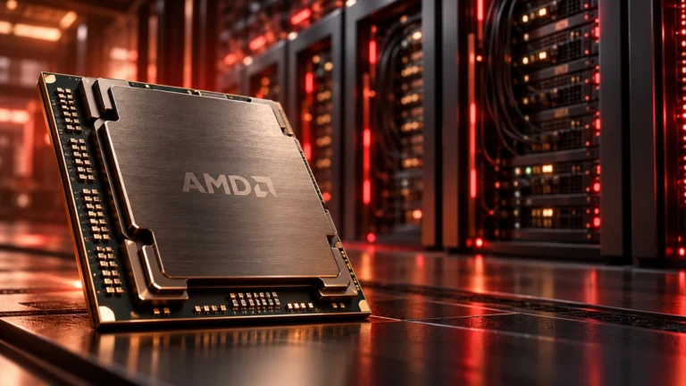 Processore AMD in primo piano con rack di un data center sullo sfondo.