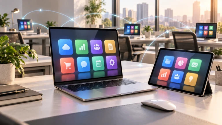 Laptop e tablet con icone astratte di applicazioni in un ambiente di lavoro