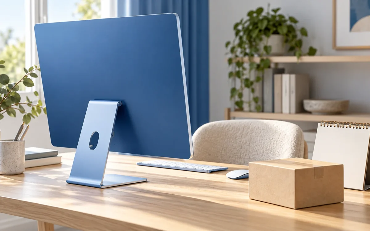Computer da tavolo blu su una scrivania, accanto a un calendario e a una scatola, simboli del rinnovo dei dispositivi.