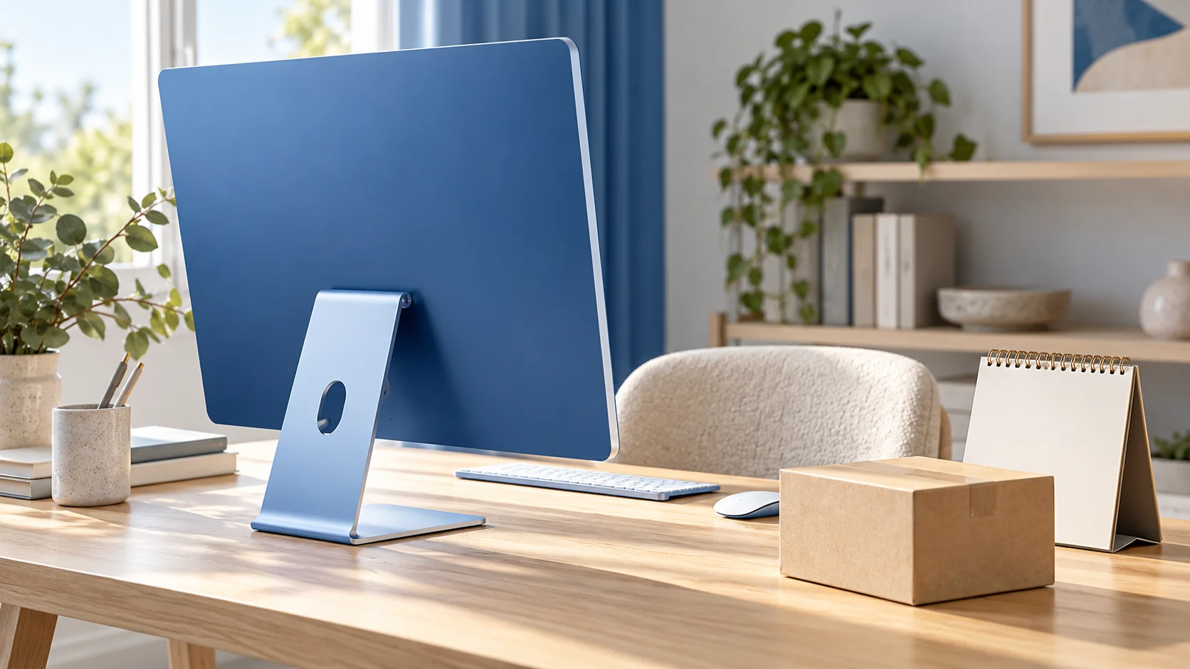 Computer da tavolo blu su una scrivania, accanto a un calendario e a una scatola, simboli del rinnovo dei dispositivi.