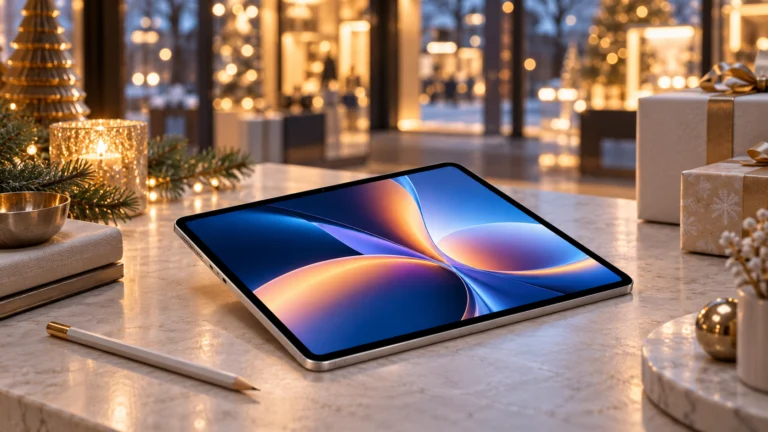 Tablet compatto e matita su un tavolo con luci natalizie sullo sfondo, illustrazione del tema vendite Apple.