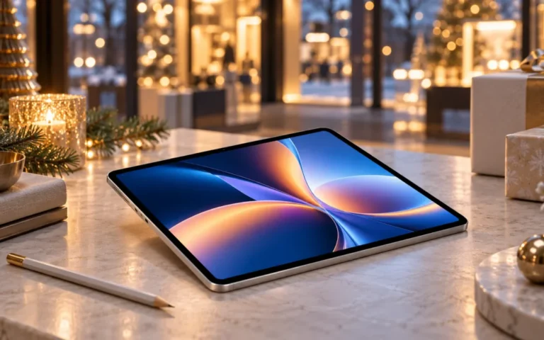 Tablet compatto e matita su un tavolo con luci natalizie sullo sfondo, illustrazione del tema vendite Apple.