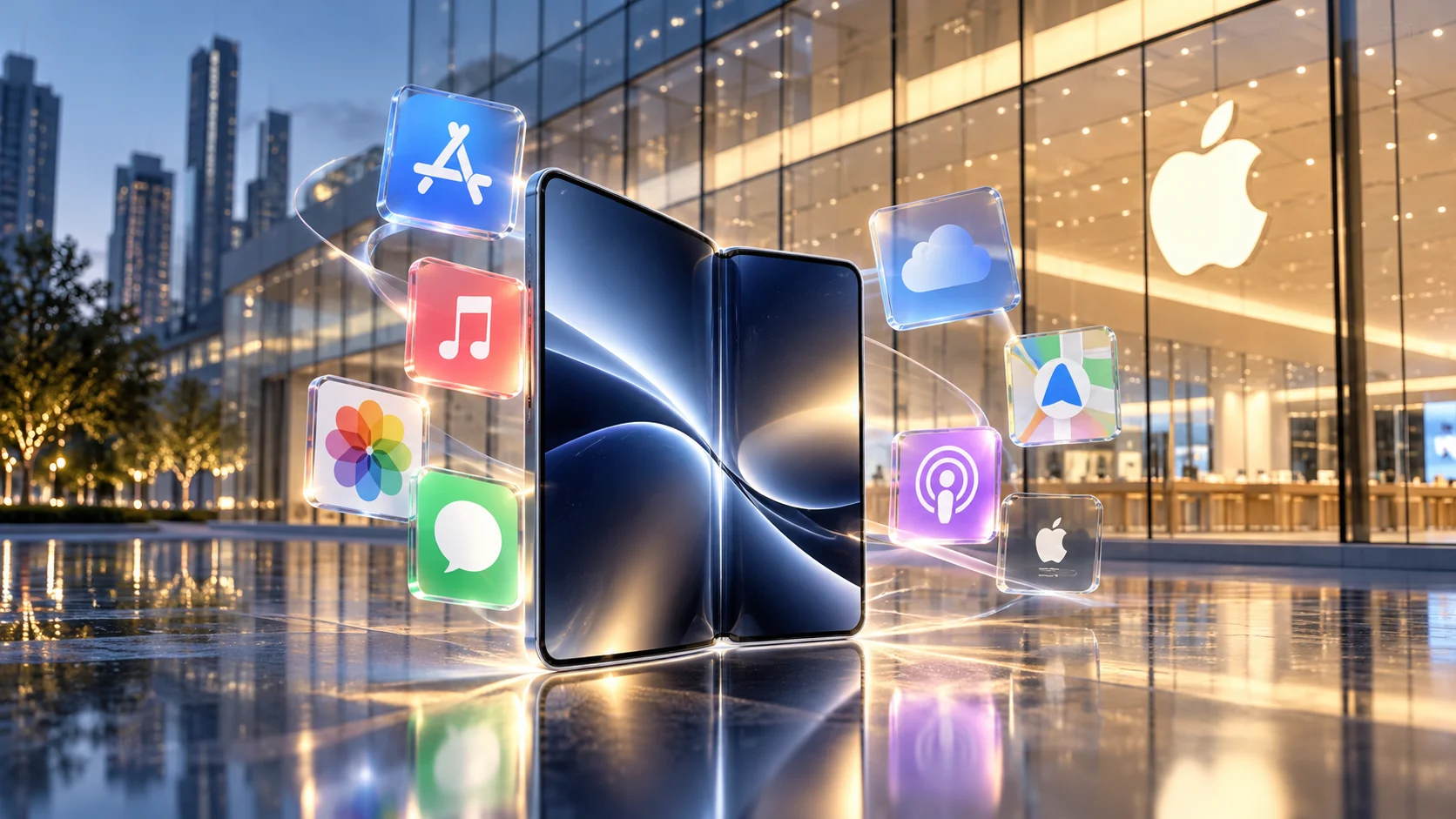 Illustrazione concettuale di uno smartphone pieghevole con icone di app davanti a un negozio Apple.
