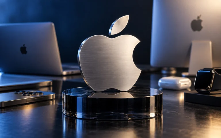 Logo Apple argentato al centro di una composizione con dispositivi tecnologici, illustrazione editoriale