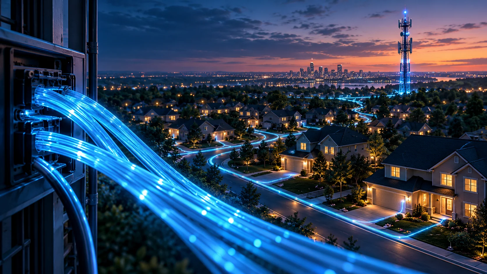 Fibre ottiche luminose collegano un quartiere residenziale con una torre mobile sullo sfondo