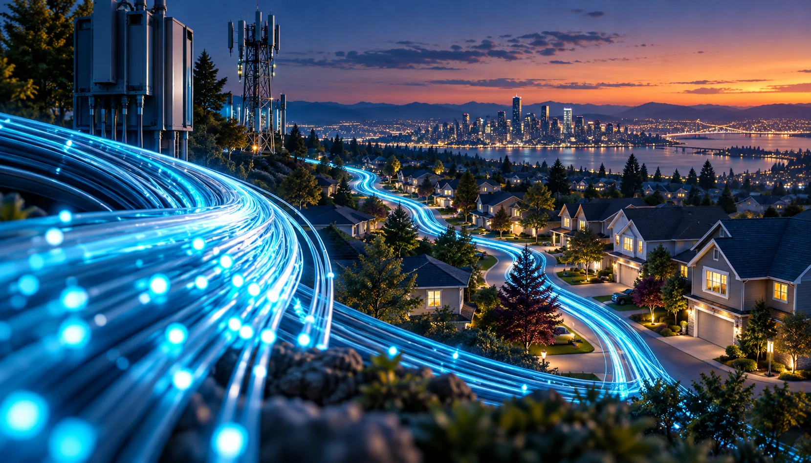Illustrazione di fibre ottiche luminose collegate a un quartiere residenziale