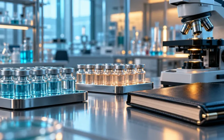 Flaconi farmaceutici e microscopio accanto a un registro contabile in un laboratorio, rappresentazione degli investimenti nella ricerca biotecnologica.