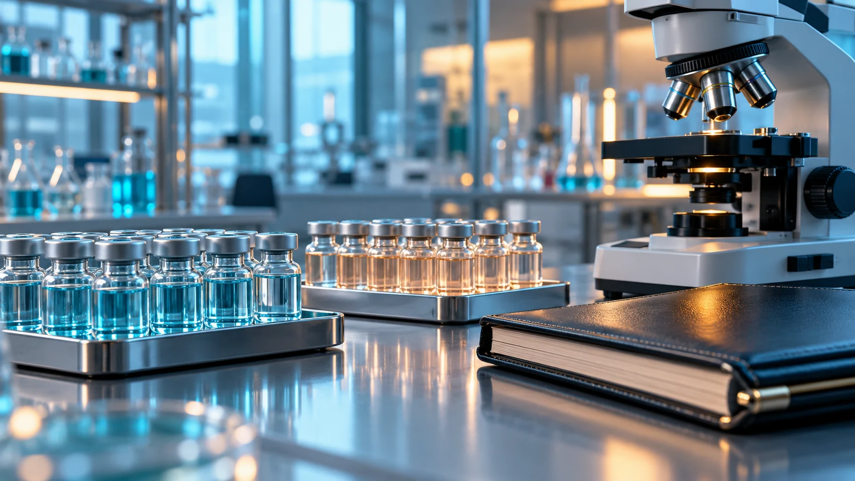 Flaconi farmaceutici e microscopio accanto a un registro contabile in un laboratorio, rappresentazione degli investimenti nella ricerca biotecnologica.