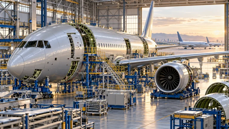 Illustrazione di un aereo passeggeri in un hangar di assemblaggio con componenti e attrezzature